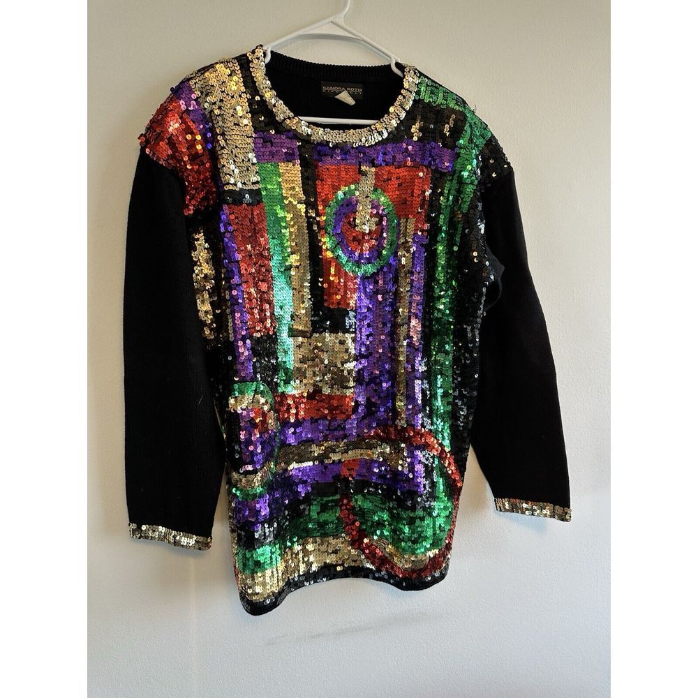 Vintage Sequin Sweater Multicolor Abstract Geometric‎ Pattern Party Pullover